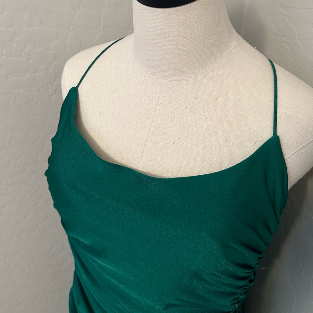 NEW JOVANI SZ 12 EMERALD GREEN SATIN CORSET LACE UP FORMAL EVENING GOWN - Picture 4 of 16